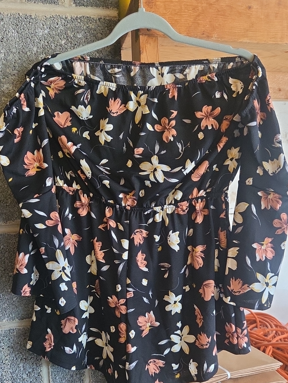 SHEIN Black Off-Shoulder Floral Peasant Dress with Peach & Cream Blooms